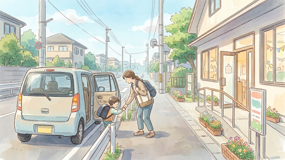 止めた車から子どもを降ろし、通所先の建物へ向かう保護者のイラスト