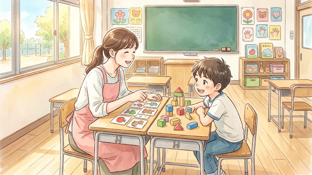 小さな教室で先生と1対1で学ぶ子どものイラスト