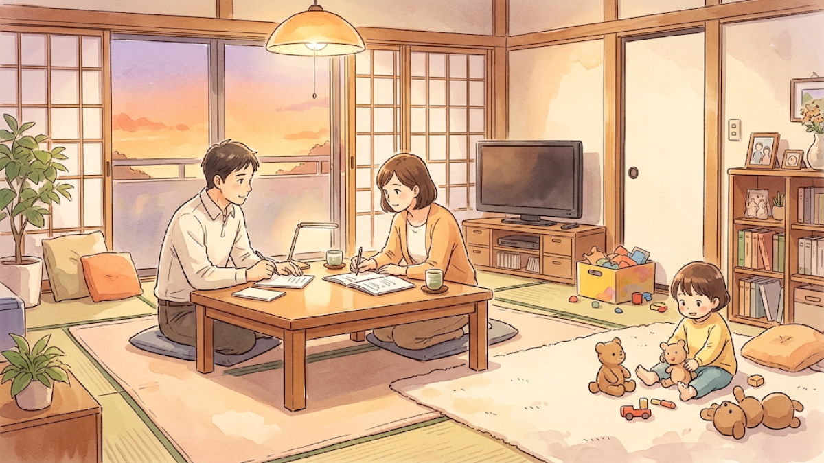 居間の机で両親が紙に書き出しながら話しあい、そばで子どもが遊ぶイラスト