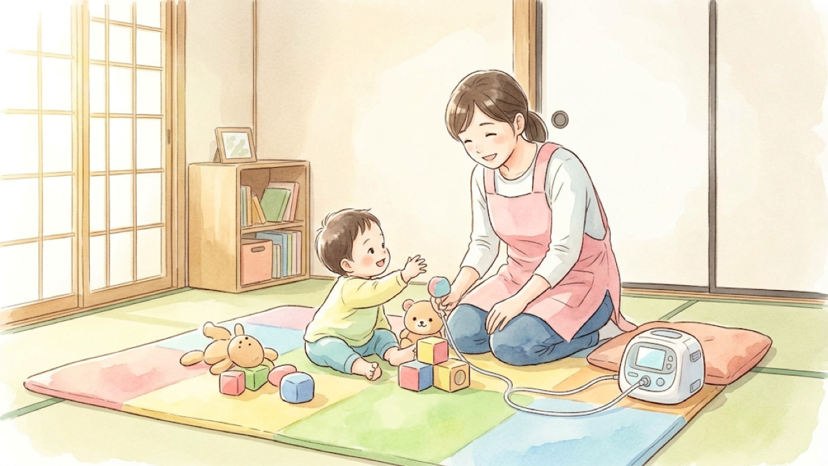 自宅のマットで保育士と1対1で遊ぶ幼い子どもと、そばの小さな医療機器のイラスト