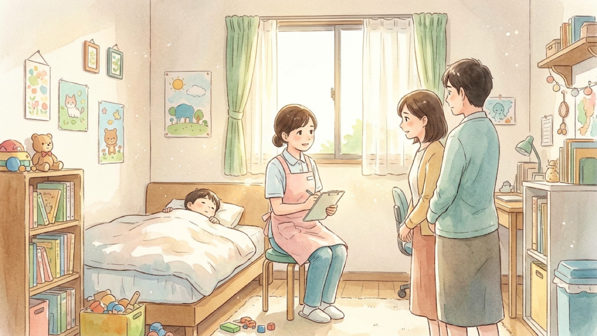 子ども部屋で看護師がベッドの子どものそばに座り、保護者と話すイラスト