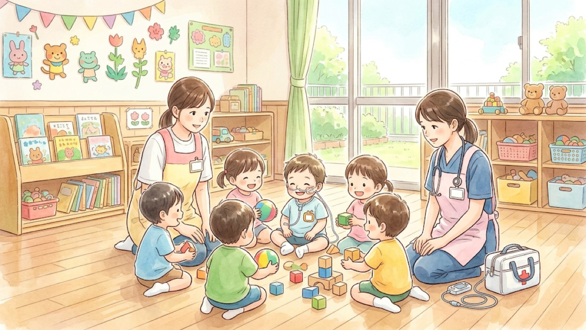 保育園で看護師と保育士が見守る中、子どもたちが輪になって遊ぶイラスト
