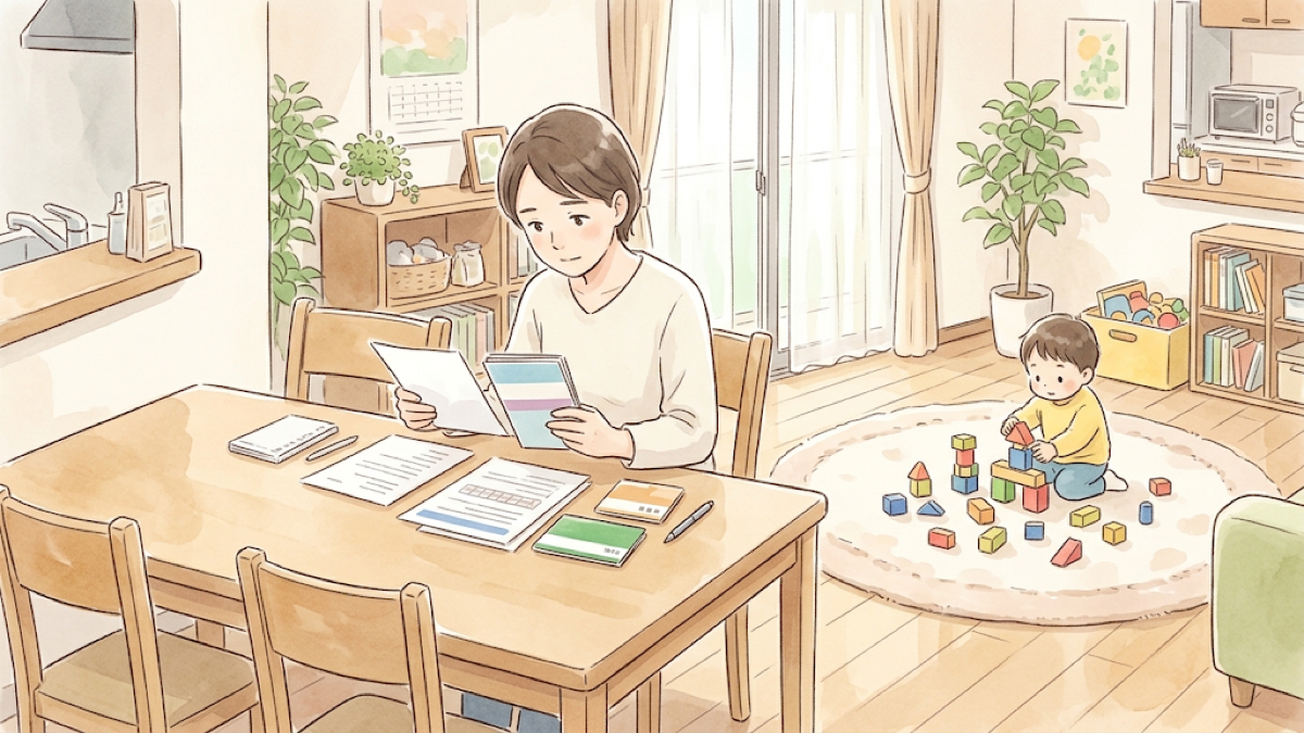 ダイニングで書類を確かめる保護者と、そばで積み木で遊ぶ子どものイラスト