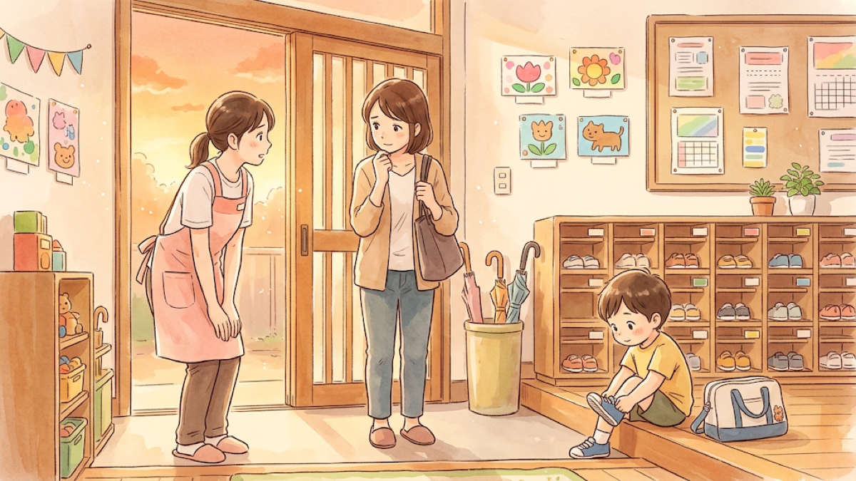保育園のお迎えの玄関で先生と話す保護者と、そばで靴をはく子どものイラスト