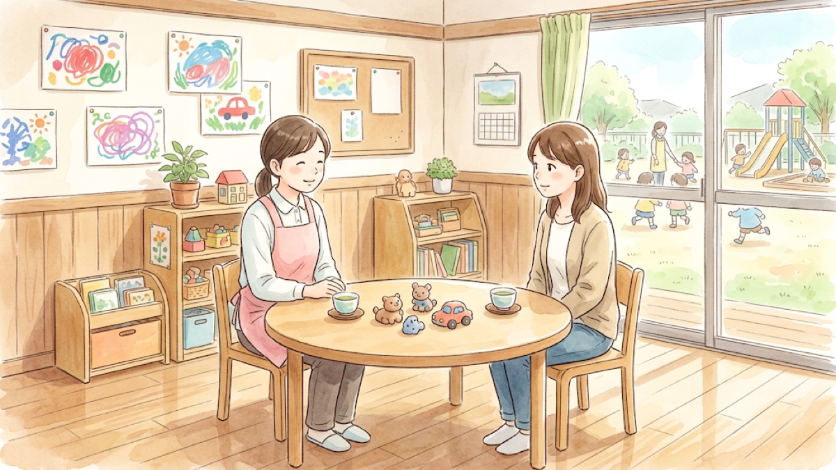 面談室で保護者と保育士が話しあうイラスト