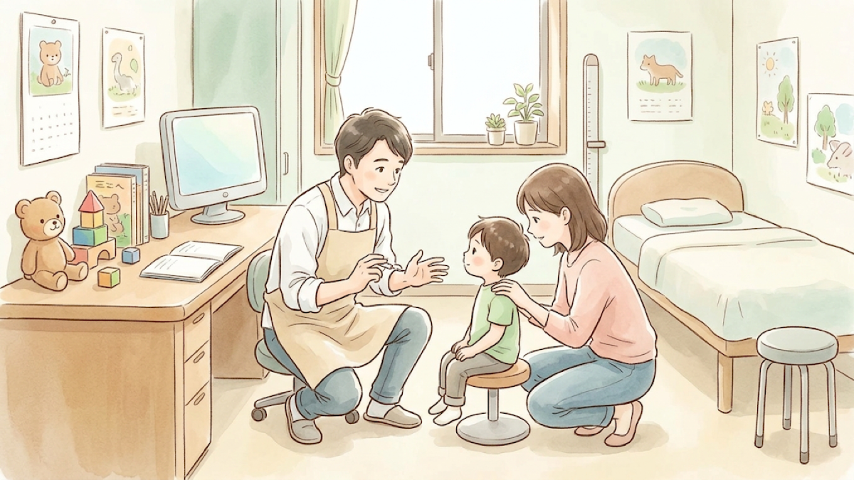 診察室の机で相談する保護者と医師のイラスト