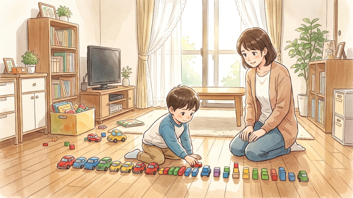 おもちゃを並べる子どものイラスト