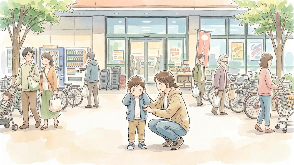 外出先で立ち止まる子どもと保護者のイラスト