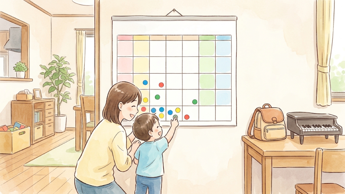 通所の予定を確かめる保護者のイラスト