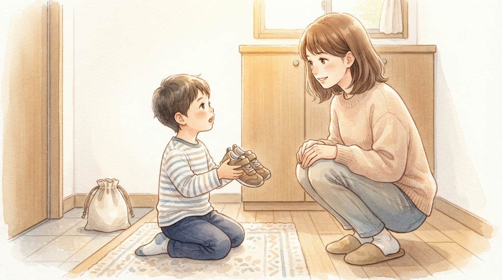 出発前に止まる子への「早く」の前の一問の場面